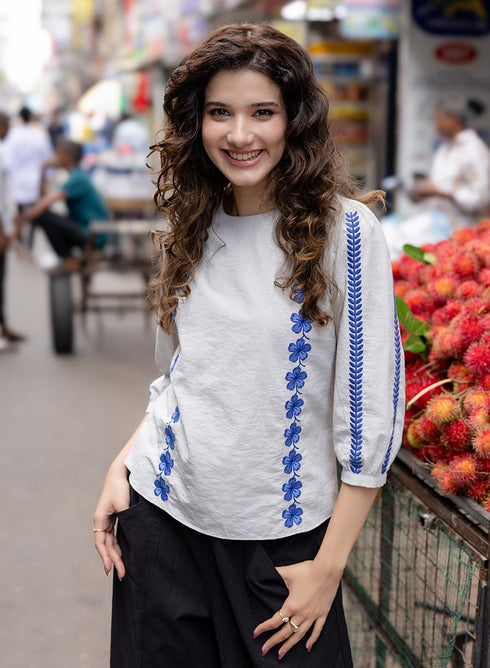 Sleeve And Front Embroidered Three Quarter White Sleeve Top