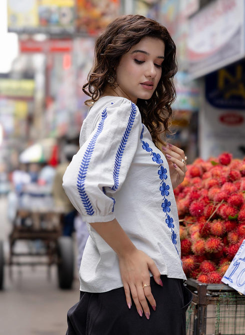 Sleeve And Front Embroidered Three Quarter White Sleeve Top