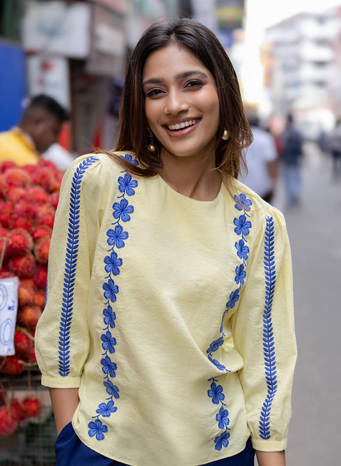 Sleeve And Front Embroidered Three Quarter Sleeve Top