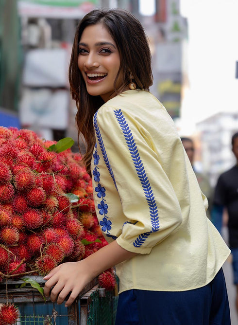 Sleeve And Front Embroidered Three Quarter Sleeve Top