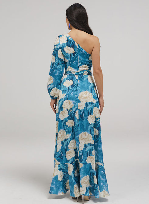 One Shoulder Printed Frill Dress