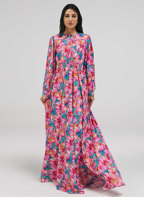 Neck Tie Prined Maxi Dress With Gathered Waist