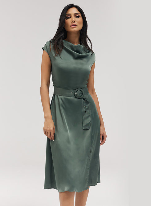 Cowl Neck Dress With A Slit And Belt