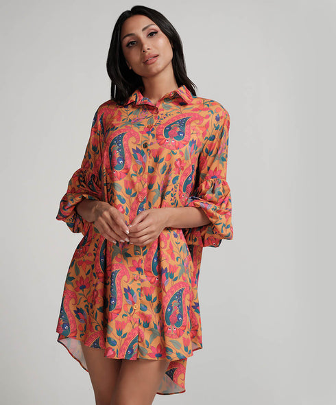 Puffed Sleeve Classic Collared Shirt Dress