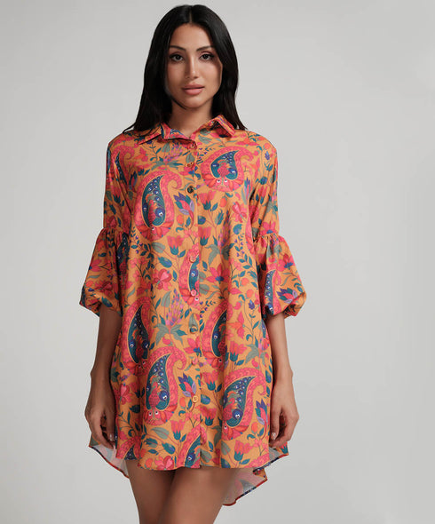 Puffed Sleeve Classic Collared Shirt Dress