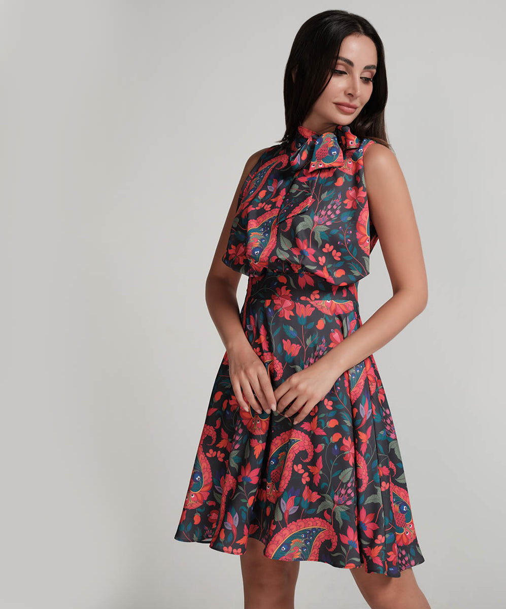 Perfee Tied Printed Mock Neck Short Sleeve Dress