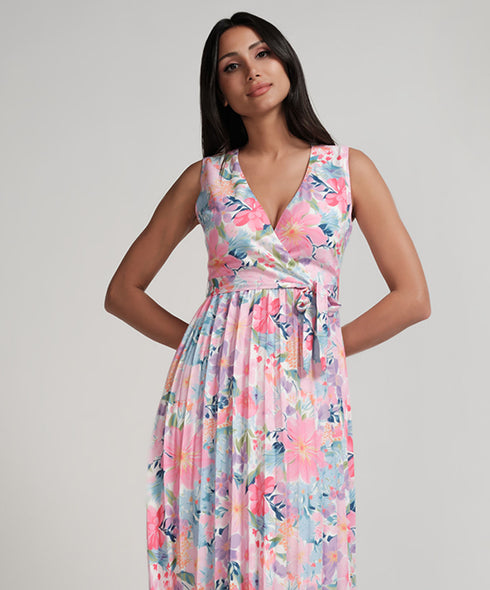 Printed Pleated Sleeveless Vneck Dress