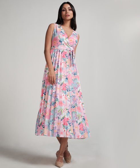 Printed Pleated Sleeveless Vneck Dress