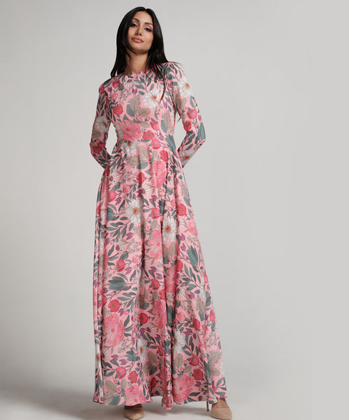 Long Sleeve Printed Chiffon Maxi Dress