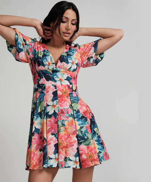 Deep Plunged Neck Printed Mini Dress