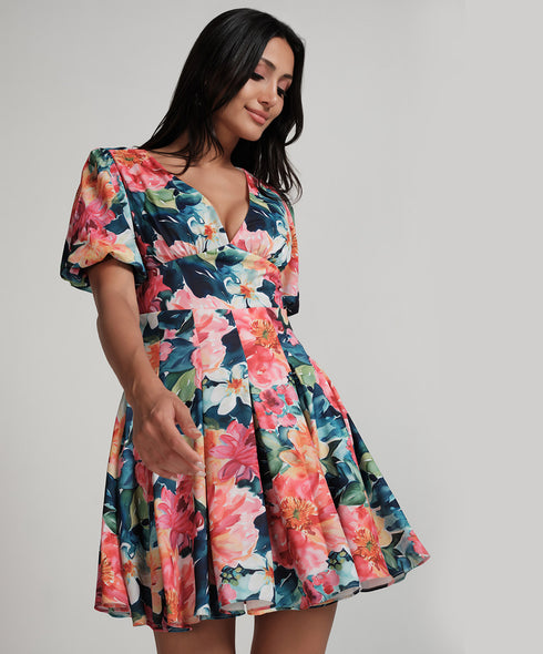 Deep Plunged Neck Printed Mini Dress