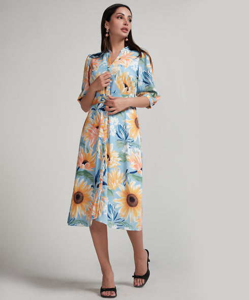 Sun Flower Printed Half Sleeve Aline Chiffon Dress