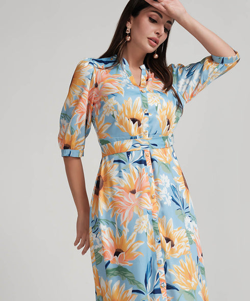 Sun Flower Printed Half Sleeve Aline Chiffon Dress