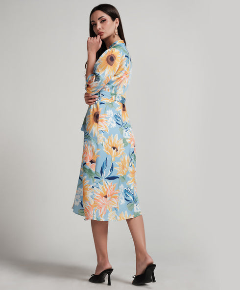 Sun Flower Printed Half Sleeve Aline Chiffon Dress