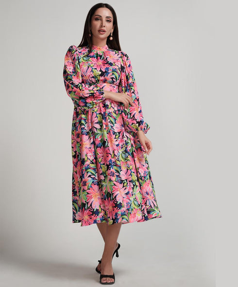 High Neck Printed Lantern Sleeve Midi Dress