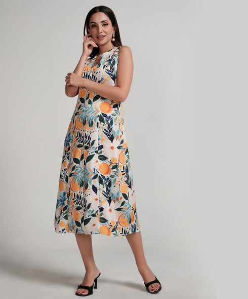 Vneck Sleeveless Satin Printed Shift Dress