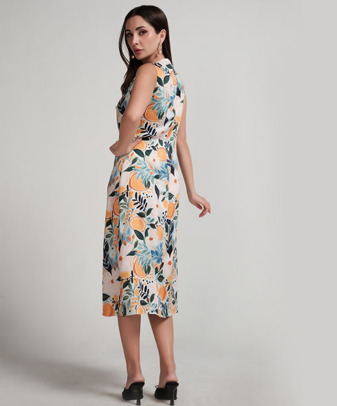 Vneck Sleeveless Satin Printed Shift Dress
