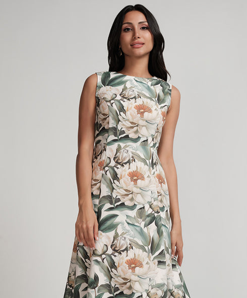 Sleeveless Large Floral Printed Panel Skirt Dress