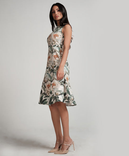 Sleeveless Large Floral Printed Panel Skirt Dress