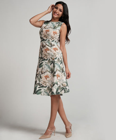 Sleeveless Large Floral Printed Panel Skirt Dress