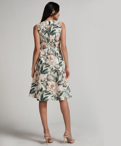 Sleeveless Large Floral Printed Panel Skirt Dress