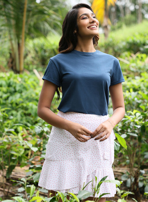 Crew Neck Turnup Sleeve Blue T-shirt