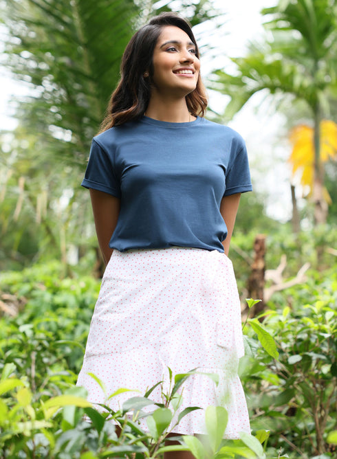 Crew Neck Turnup Sleeve Blue T-shirt