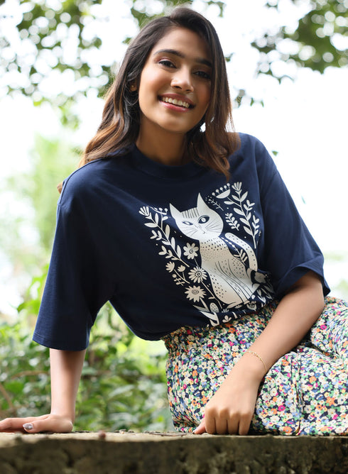 Floral Cat Printed Oversized T-shirt