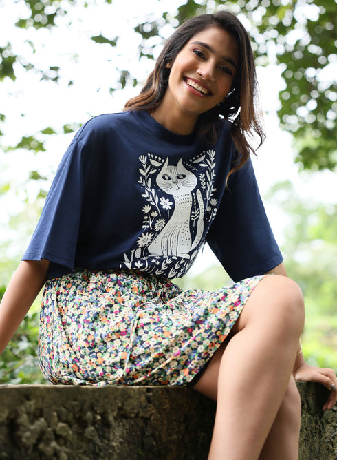 Floral Cat Printed Oversized T-shirt