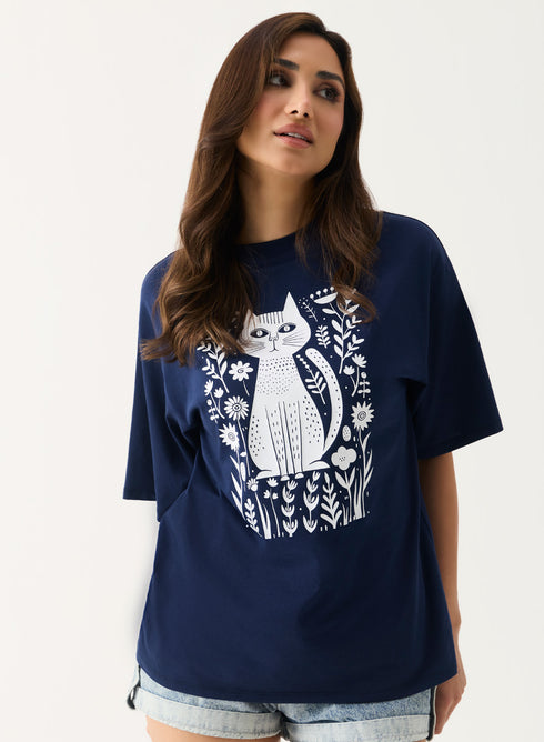 Floral Cat Printed Oversized T-shirt
