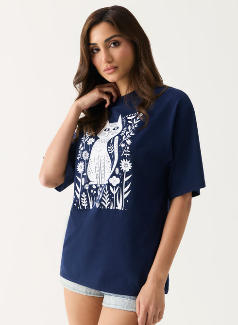 Floral Cat Printed Oversized T-shirt