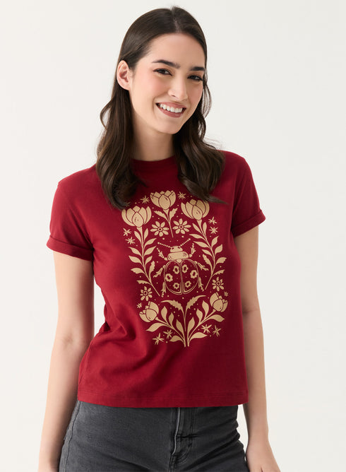 Ladybug Printed Maroon Crew-Neck T-shirt