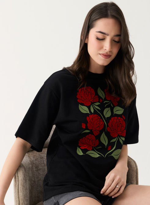 Red Rose Printed Oversized T-shirt