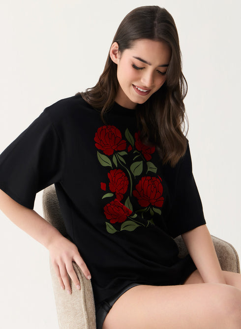 Red Rose Printed Oversized T-shirt