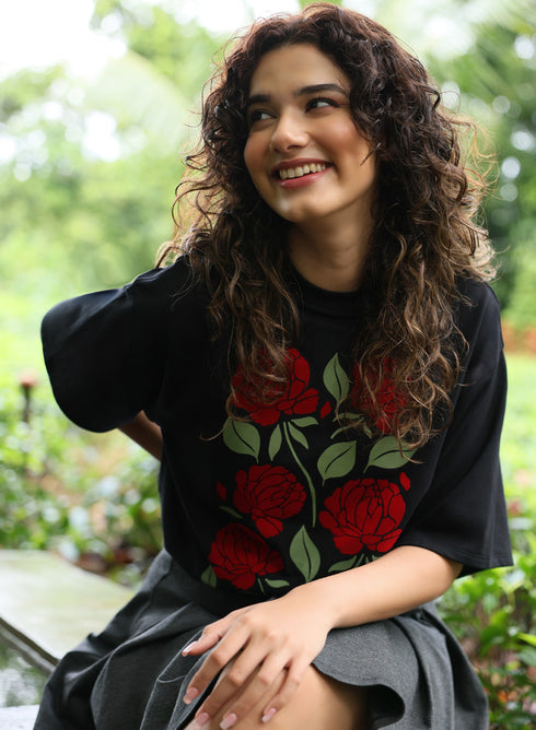Red Rose Printed Oversized T-shirt