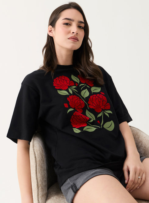 Red Rose Printed Oversized T-shirt