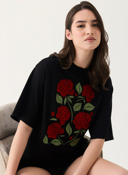 Red Rose Printed Oversized T-shirt