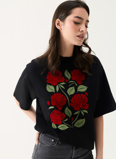 Red Rose Printed Oversized T-shirt