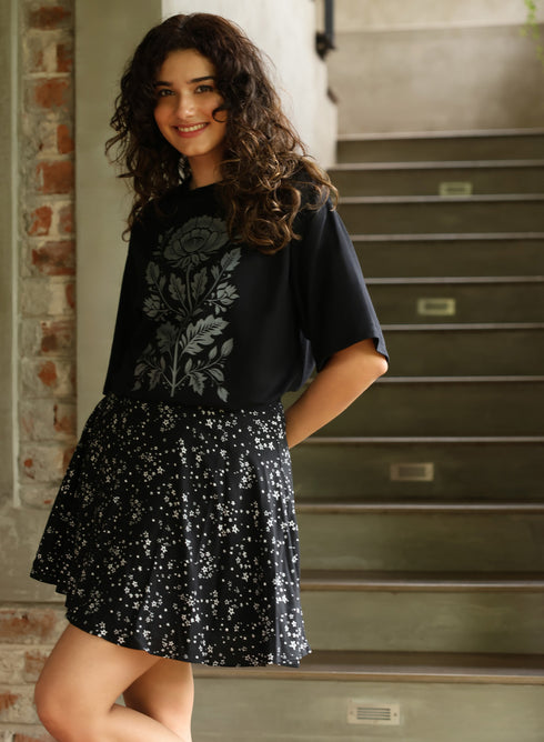 Grey Color Printed Rose Oversized T-shirt
