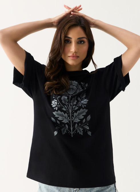 Grey Color Printed Rose Oversized T-shirt