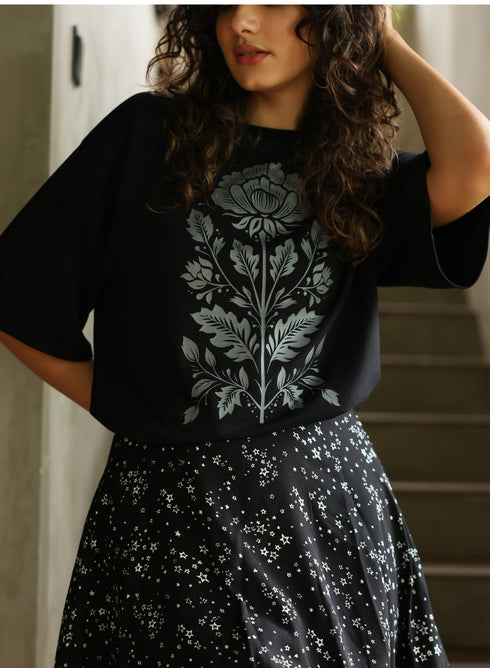 Grey Color Printed Rose Oversized T-shirt