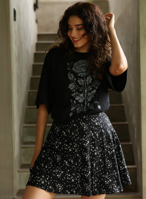 Grey Color Printed Rose Oversized T-shirt