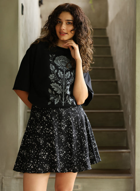 Grey Color Printed Rose Oversized T-shirt