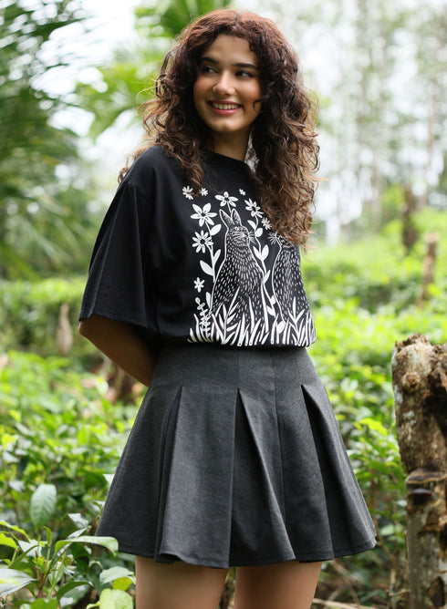 Bunny Printed Black Oversized T-shirt