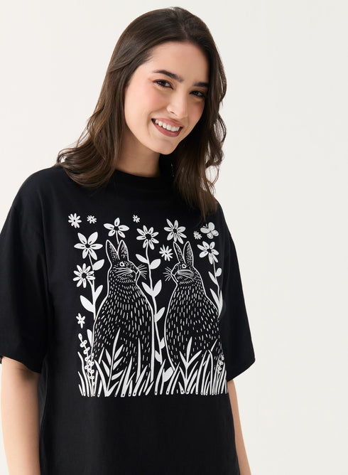 Bunny Printed Black Oversized T-shirt