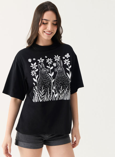 Bunny Printed Black Oversized T-shirt