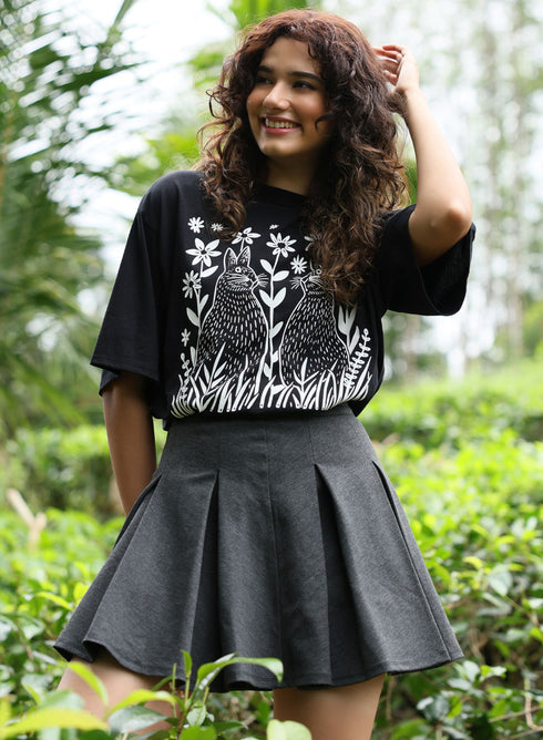 Bunny Printed Black Oversized T-shirt