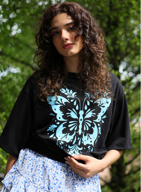 Blue Butterfly Printed T-shirt