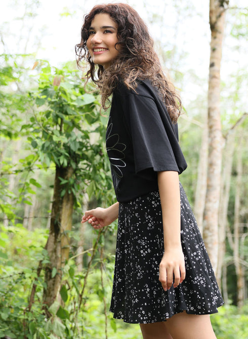 Metallic Flower Printed Black T-shirt