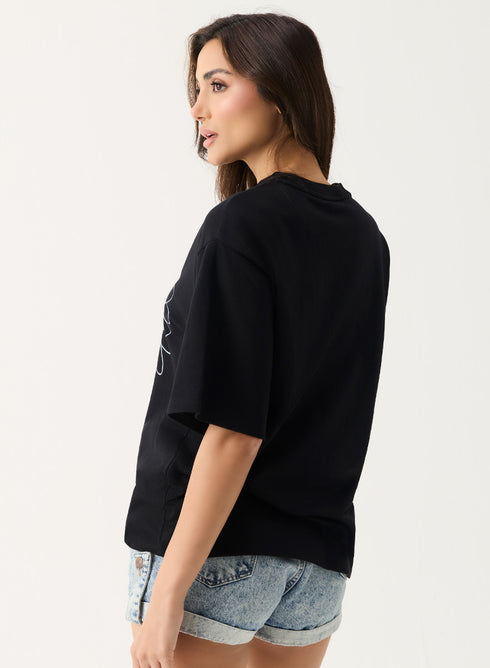 Metallic Flower Printed Black T-shirt